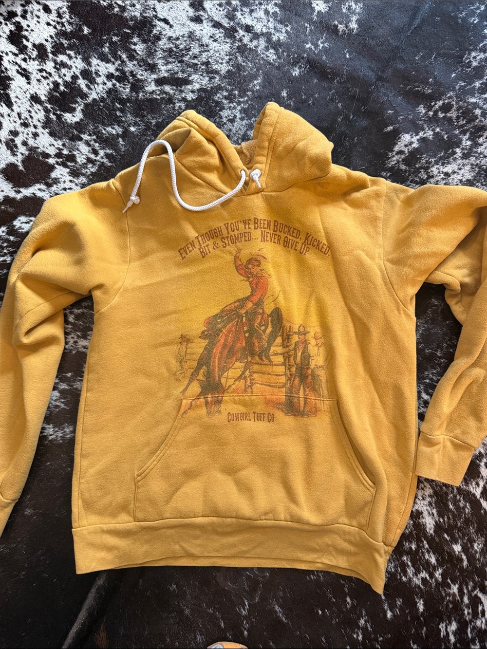 Cowgirl Tuff Graphic Mustard Yellow Hoodie Sweatshirt -M